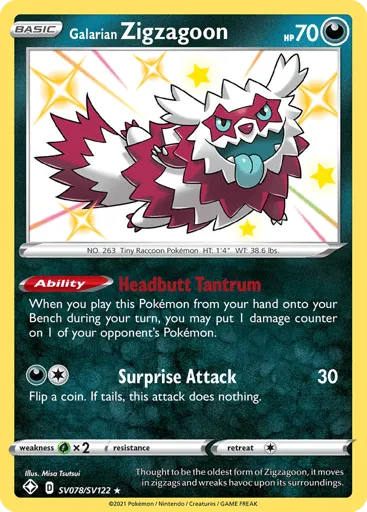 Galarian Zigzagoon SV078/SV122 Shining Fates Shiny Vault